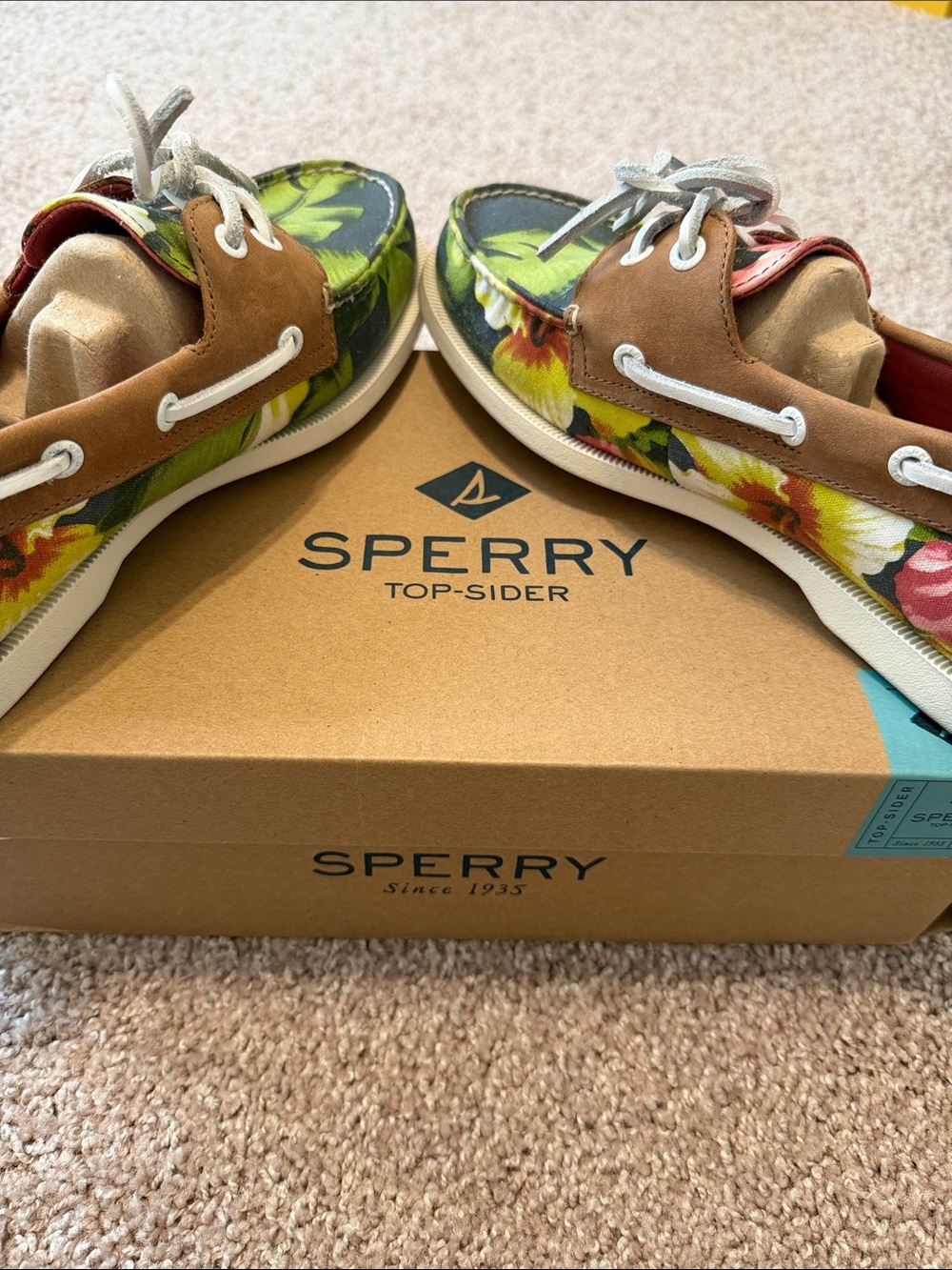 Sperry Brown Suede Boat Shoes with Green & Floral Print